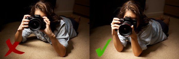 dos posiciones de cómo sostener una cámara mientras está acostado
