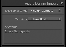 captura de pantalla que muestra cómo importar fotos a Lightroom: aplicar durante la importación