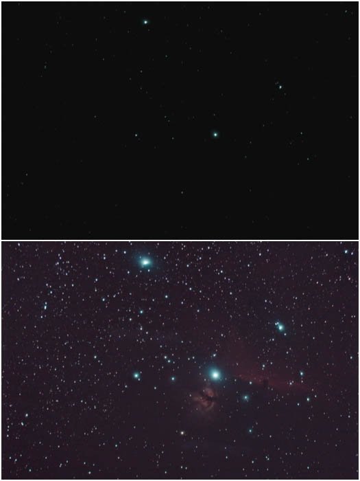 histograma que se extiende sobre una imagen apilada de la Nebuale de la Llama y la Cabeza de Caballo