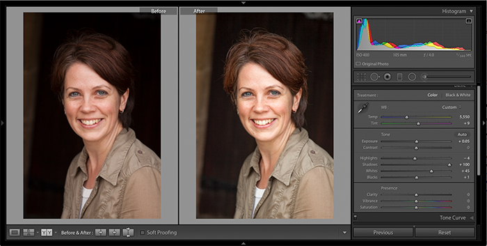 Ejemplo de ajustes globales al balance de blancos y distribución tonal en Adobe Lightroom