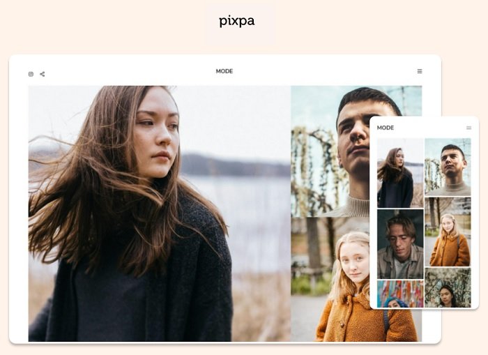 Captura de pantalla con portafolio de fotos en Pixpa, un creador de sitios web para fotógrafos