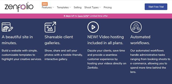 uno de los mejores creadores de sitios web para fotógrafos, captura de pantalla de la página de inicio de Zenfolio