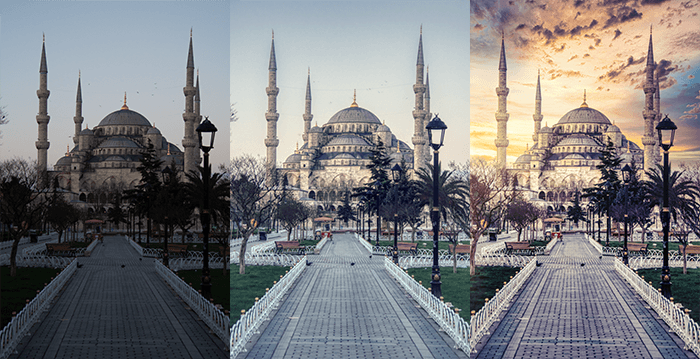 Original de la Mezquita Azul de Estambul y luego editado dos veces usando el software de edición de fotos ai