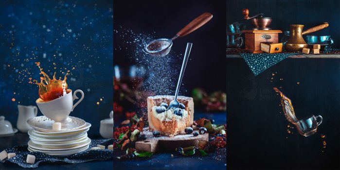 Salpicaduras de café en una taza de porcelana vintage sobre una pila de platos y platillos de té.  Fotografía dinámica de alimentos en movimiento.  Desorden de cocina con movimiento líquido de alta velocidad, utilizando un esquema de color naranja y azul