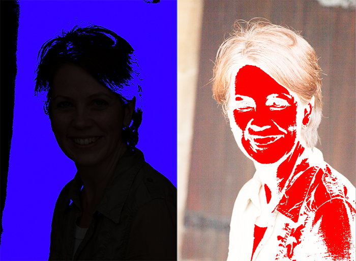 Captura de pantalla de advertencias visuales de recorte en Lightroom