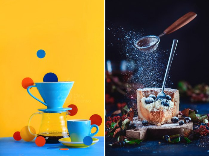 Díptico fotográfico de naturaleza muerta que muestra la diferencia entre una paleta de colores muy saturada y una más tranquila, con básicamente los mismos tonos