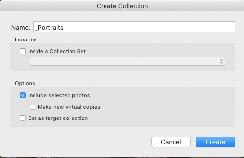 Captura de pantalla del cuadro de diálogo para nombrar colecciones en Adobe Lightroom
