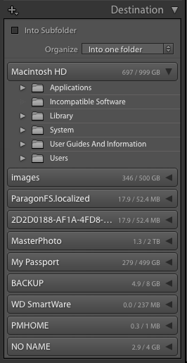 Importación de fotografías en Lightroom: el panel Destino