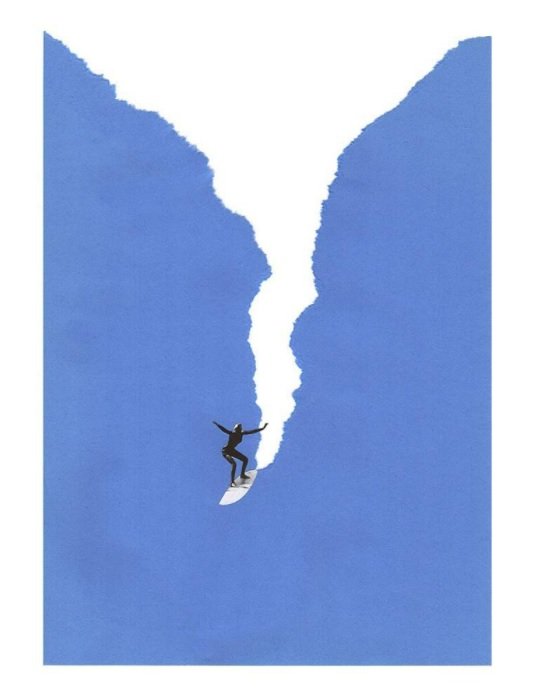 una idea de collage digital minimalista de un surfista en una ola