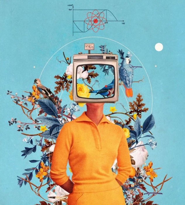 Una mujer con un televisor por cabeza como idea de collage digital