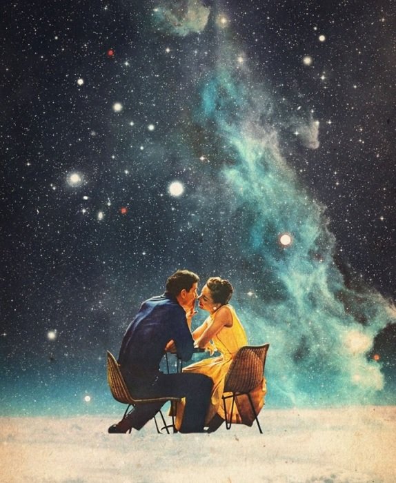 Una pareja besándose en el espacio como una idea de collage digital