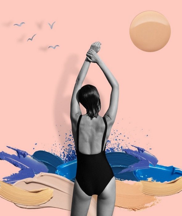 una mujer en bikini frente a un mar hecha de maquillaje como una idea de collage digital