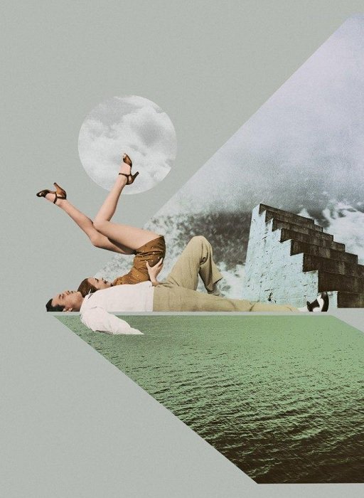 un collage digital de una pareja recostada en el océano con la luna sobre ellos
