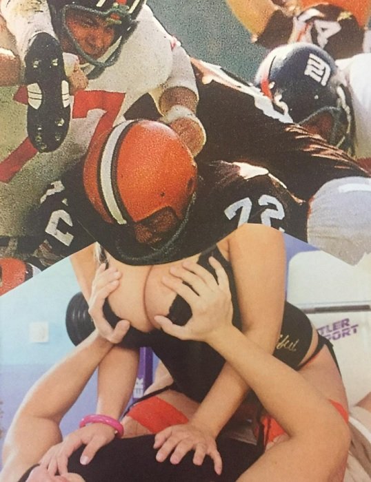 Un collage digital de un jugador de fútbol americano con los senos ahuecados