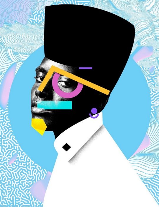 una idea de collage digital de la cabeza de una persona cubierta con luces de neón vibrantes