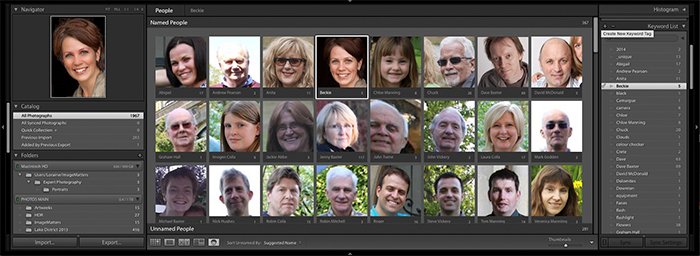 Captura de pantalla de People View en Adobe Lightroom