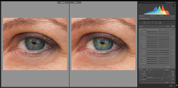 Captura de pantalla del uso de Enhancement Brush Iris Enhance para editar un retrato en Lightroom