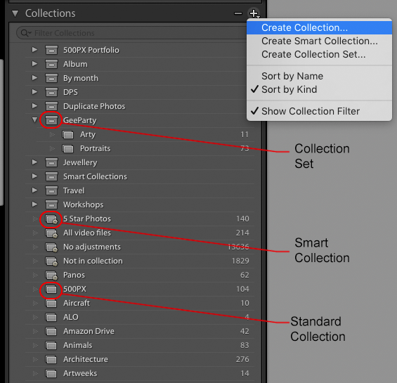 Una captura de pantalla de conjuntos de colección en Lightroom