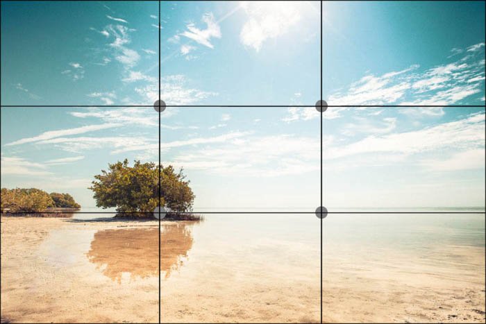 cuadrícula de la regla de los tercios sobre una fotografía de viaje de una playa