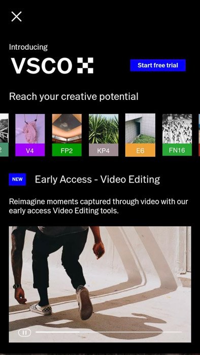 Una captura de pantalla de la aplicación de filtros VSCO