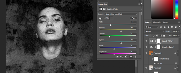 Una captura de pantalla que muestra cómo crear retratos abstractos en Photoshop: corrección de color