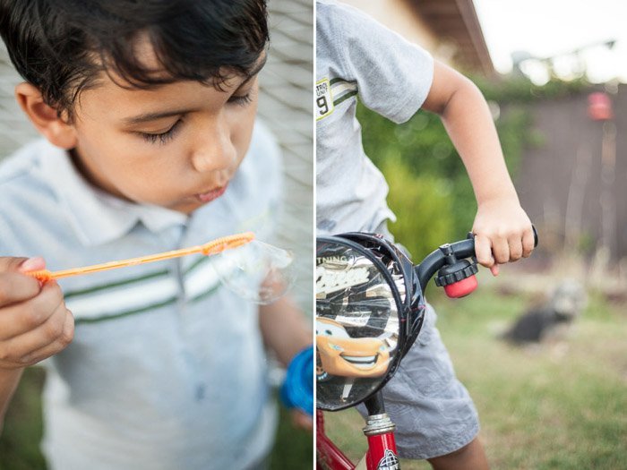 comparación lado a lado de enfoque y recorte creativo, con un niño haciendo burbujas y una toma que no está enfocada en la cara del niño