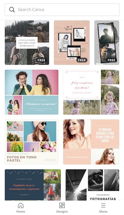 Captura de pantalla de la plantilla en la aplicación de collage de Canva