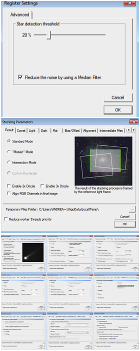 La ventana de configuración de registro (arriba) y los 10 menús para la configuración de apilamiento. tutorial de apilador de cielo profundo