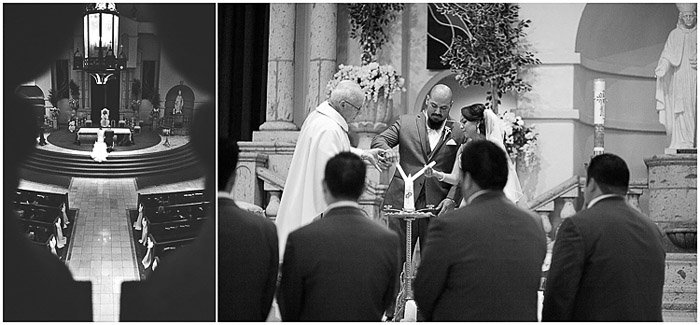 Un díptico de fotos de boda en blanco y negro del servicio en curso.