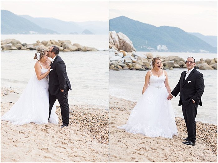 Díptico de fotografía de boda de destino de la pareja posando en una playa
