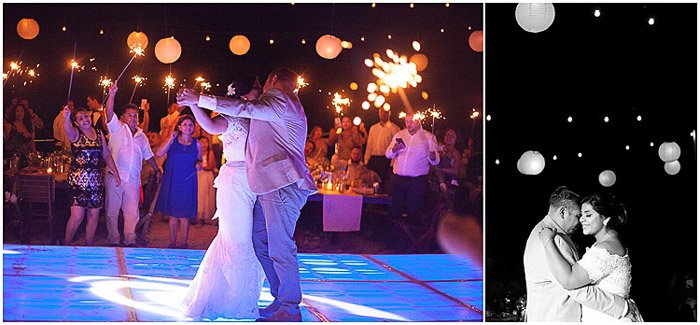 Díptico de fotografía de boda de destino de la pareja de recién casados bailando en color y en blanco y negro