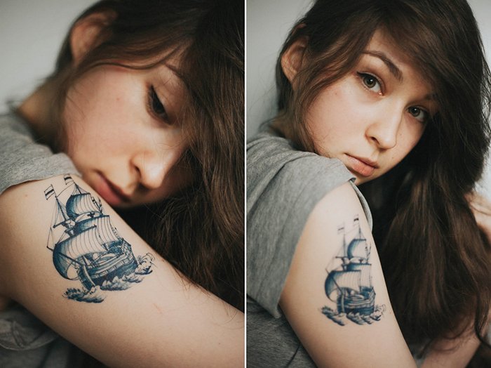 Un genial díptico de fotografía de retrato de una modelo femenina con un tatuaje de barco