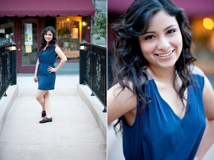 Un díptico de iluminación de retrato ambiental de una chica con vestido azul posando al aire libre en un puente y un primer plano