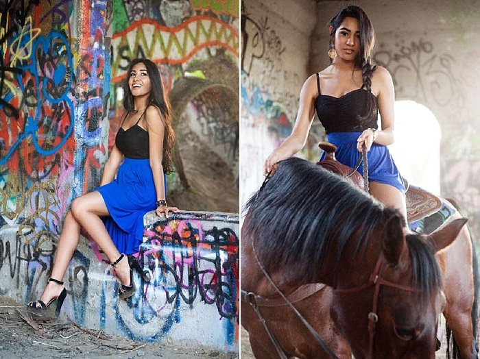 Un díptico de iluminación de retrato ambiental de una niña posando en una pared cubierta de graffiti y a caballo