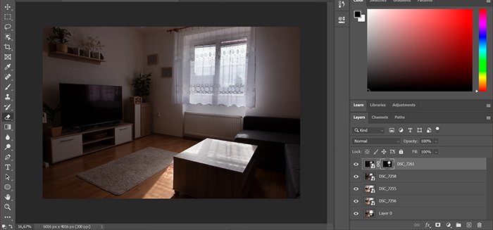 Captura de pantalla de la edición de fotografías inmobiliarias HDR en Photoshop