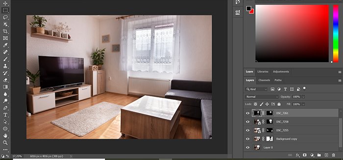 Captura de pantalla de la edición de fotografías inmobiliarias HDR en Photoshop
