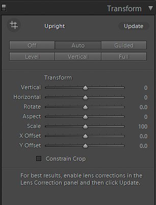 Una captura de pantalla de los controles deslizantes de transformación en Lightroom