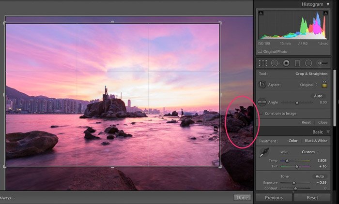 Una captura de pantalla que muestra cómo recortar las partes aburridas de una imagen de paisaje en Lightroom