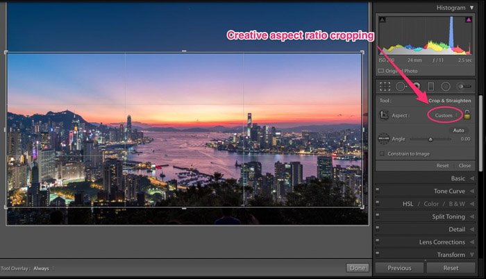 Una captura de pantalla que muestra cómo usar el recorte de relación de aspecto creativo en Lightroom