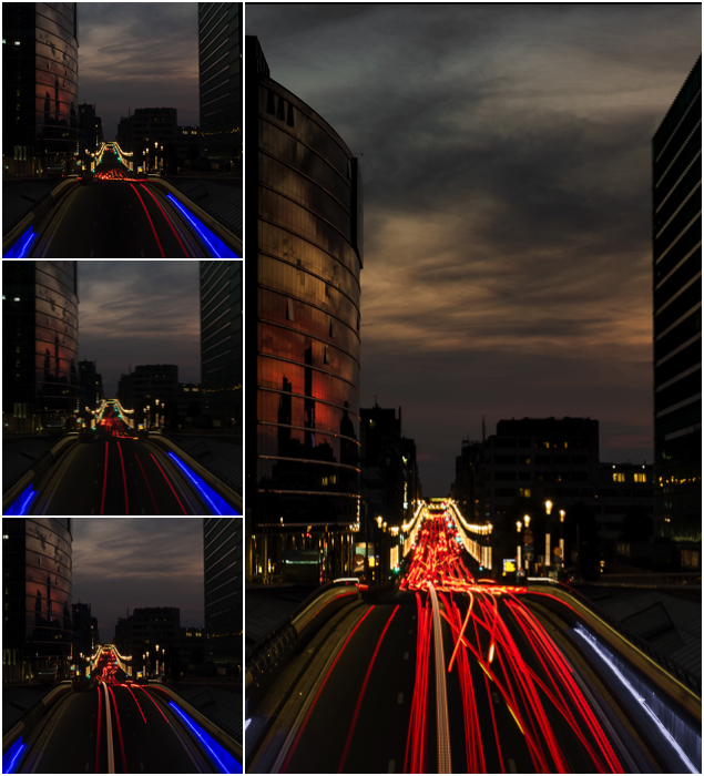 Un ejemplo de cuadrícula de 3 fotografías de apilamiento de imágenes con estelas de luz.