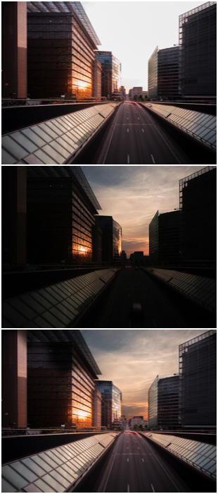 Un filtro ND de tríptico de paisaje urbano para mejorar el cielo al capturar estelas de luz al atardecer.
