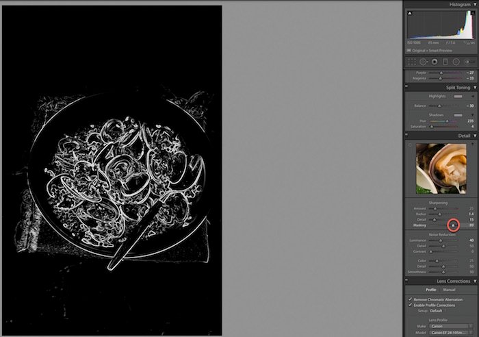 Imagen de fotografía de comida de nitidez en Adobe Lightroom.