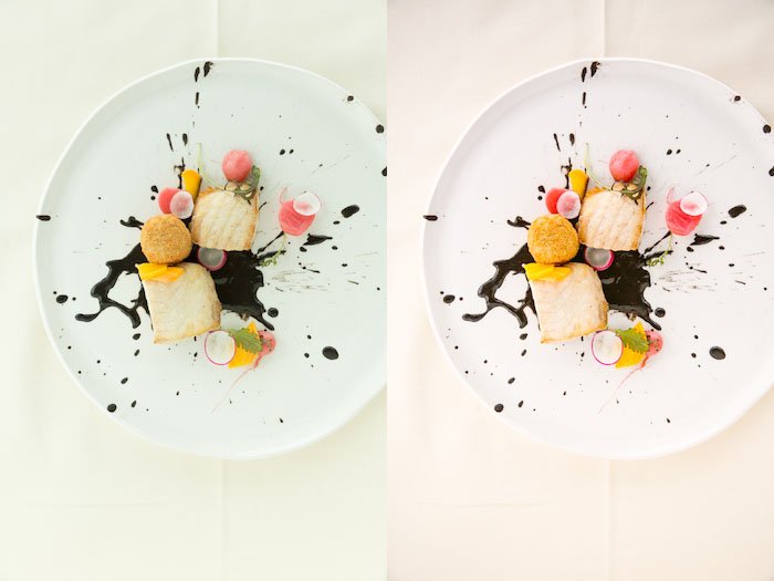 Díptico fotografía de comida de un plato blanco con un postre creativo, el mismo sujeto con distinta iluminación.
