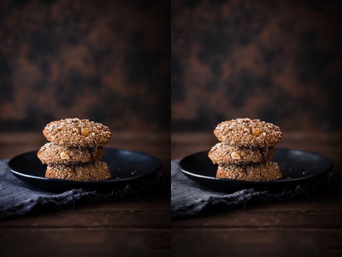 Díptico Fotografía de comida de un plato de galletas de jengibre sobre una mesa de madera y fondo marrón.