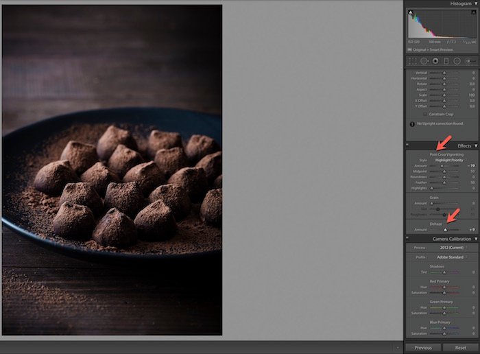 Captura de pantalla del uso de efectos en Adobe Lightroom.