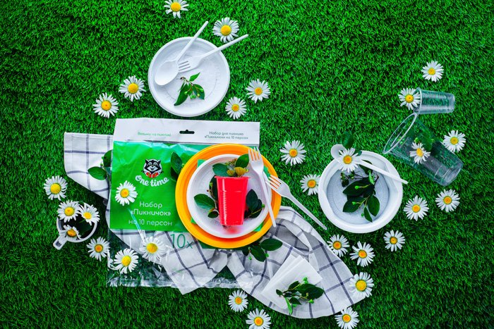foto temática de picnic estilo flatlay.  platos de papel y utensilios sobre hierba verde profunda, margaritas esparcidas, fondo fotográfico del producto