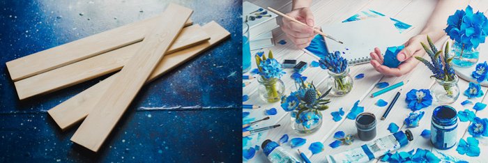 dos fotos  izquierda: finas tablas de madera sobre un fondo azul oscuro.  derecha: flores y hojas azul cielo dispuestas sobre un fondo de madera blanca, manos sosteniendo un pincel, botes de pintura azul
