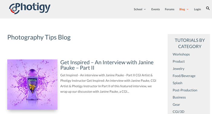 Captura de pantalla de la página de inicio de un blog de fotografía