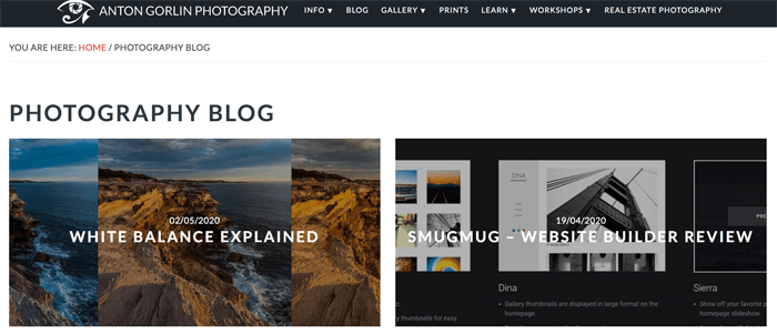 Captura de pantalla de la página de inicio del blog de fotografía de Anton Gorlin