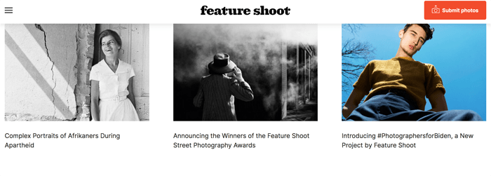 Captura de pantalla de la página de inicio del blog de fotografía Feature Shoot